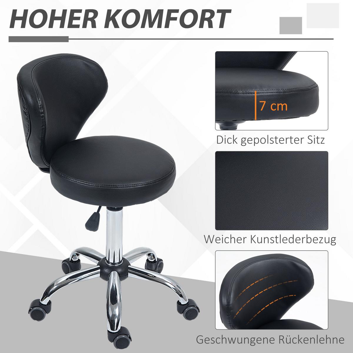 ROLLHOCKER höhenverstellbar Drehhocker drehbar Salon Hocker mit Lehne Schwarz - Schwarz, Kunststoff (45/88/54cm) - HOMCOM
