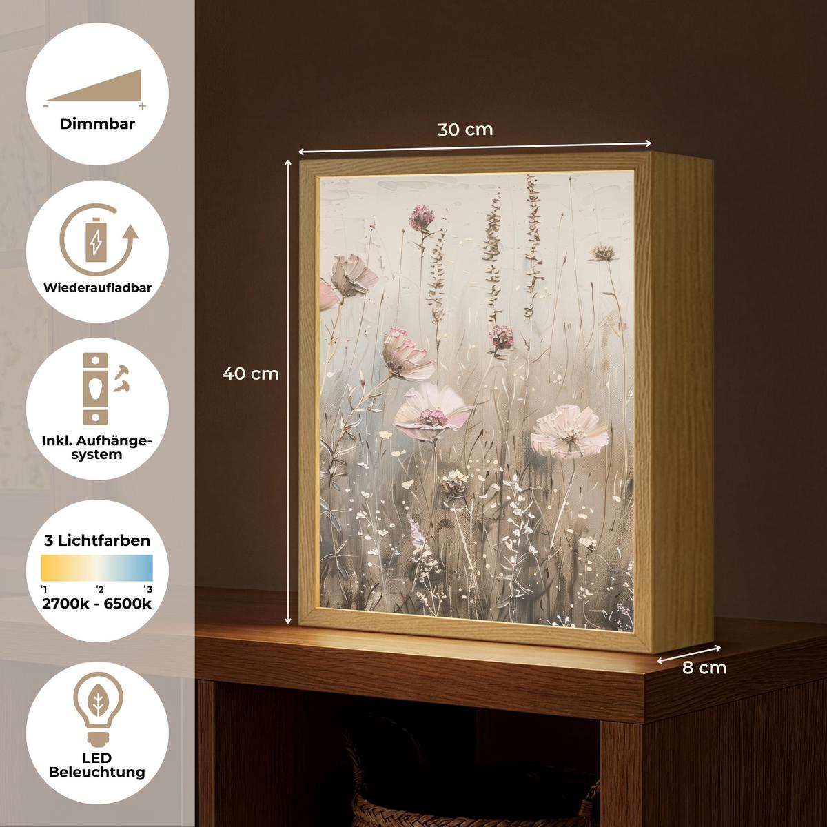 WANDLEUCHTE MIT AKKU Blumen - Rosa - Modern - Beige 30x40 cm - Altrosa, Holzwerkstoff (30/40/8cm) - OnlyWow