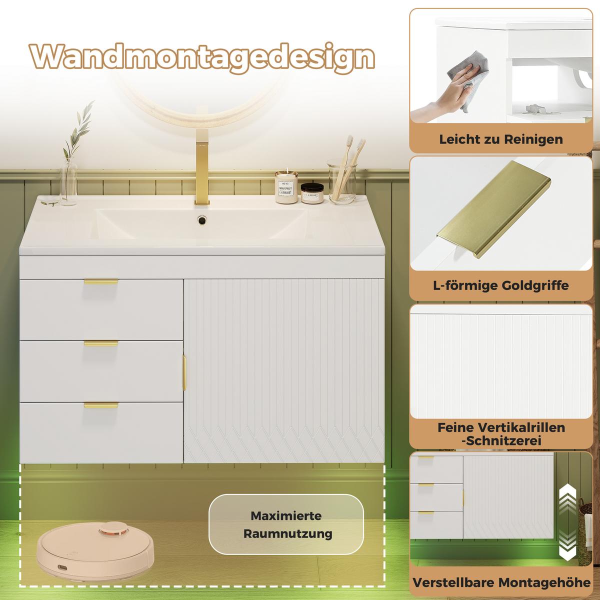WASCHTISCH mit Unterschrank 76cm Weiß Holzoptik, LED-App & Soft-Close - Weiß, Holzwerkstoff (76/51/46cm) - Urban Meuble