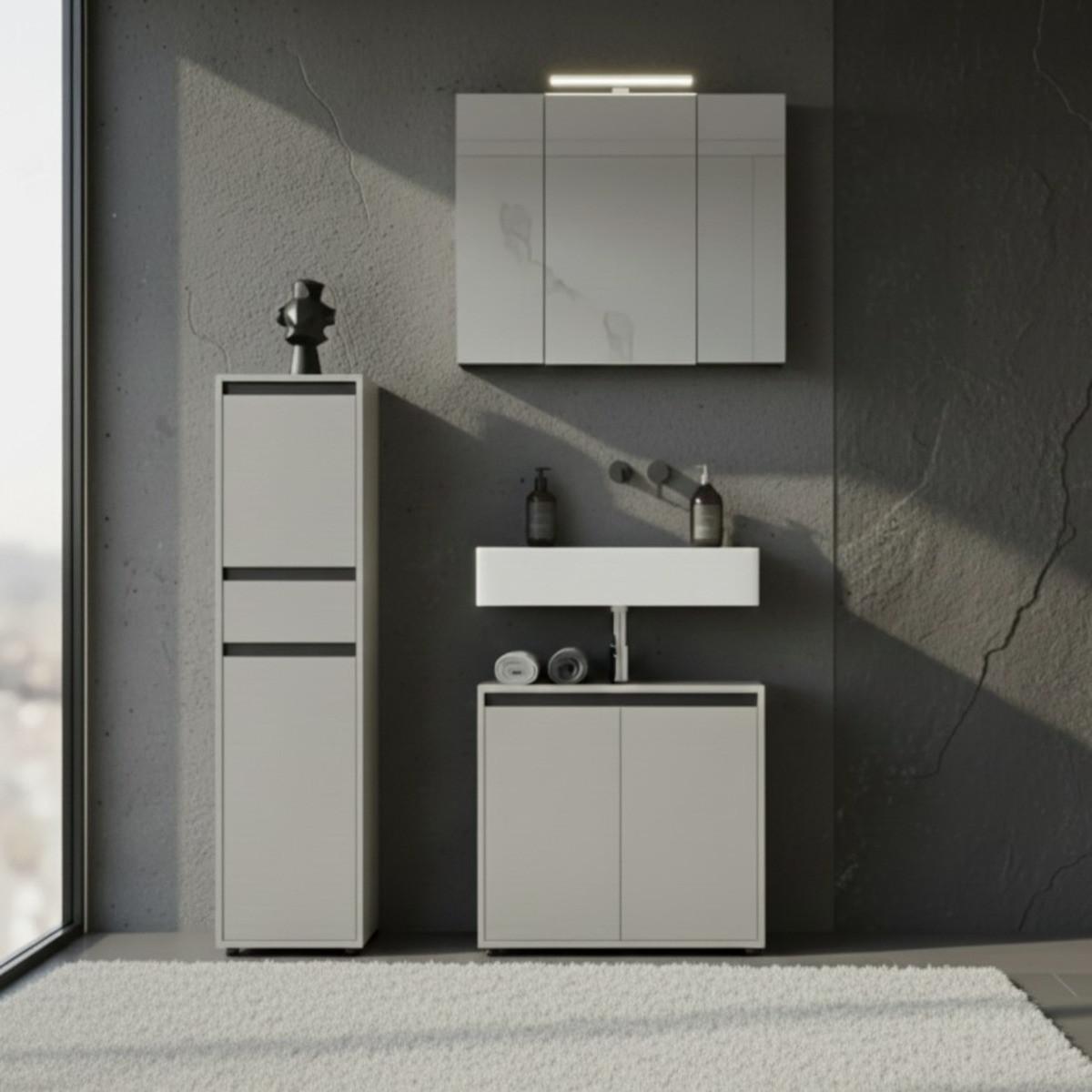 BADSCHRANK schmal HAMBURG Soft-Close, 33x121x34 cm | Steingrau - Grau, Holzwerkstoff (33/121/34cm) - KADIMA DESIGN