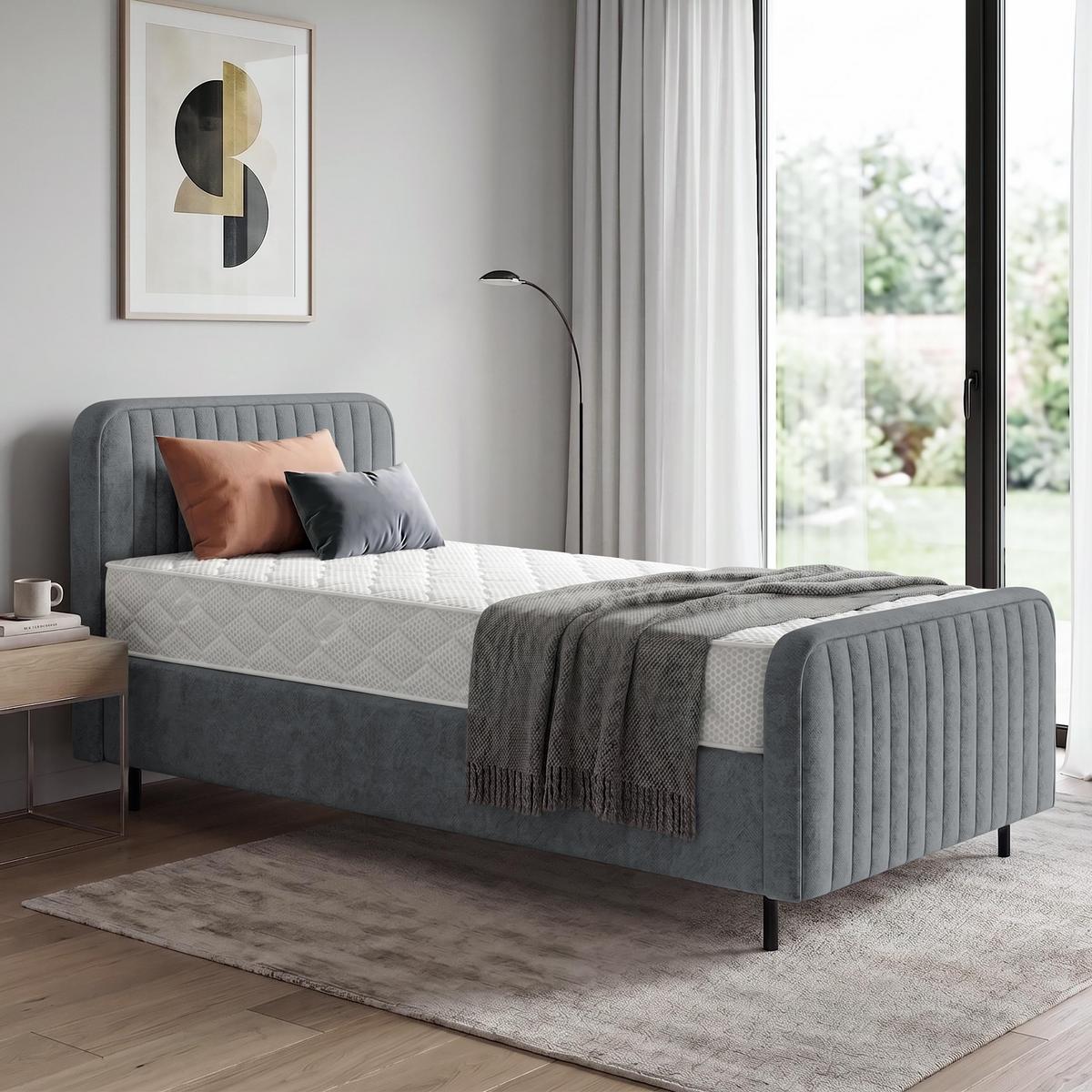 POLSTERBETT Lami 90x200, Einzelbett mit Bettkasten und Taschenfedernmatratze 20 cm, Dunkelgrau - Dunkelgrau/Schwarz, Textil/Metall (90/200cm) - Beautysofa