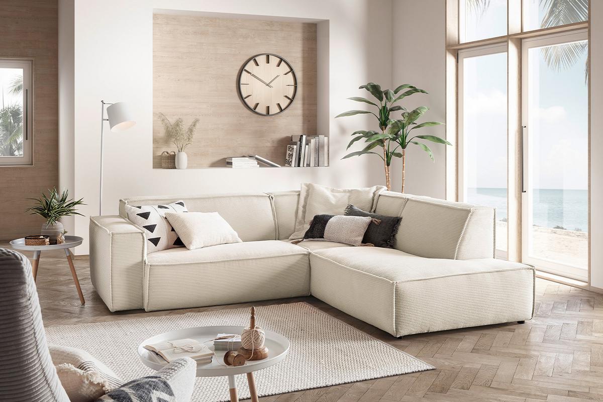 ECKSOFA SAMU Cremeweiß Cord - Creme/Schwarz, Textil (254/224cm) - KAWOLA
