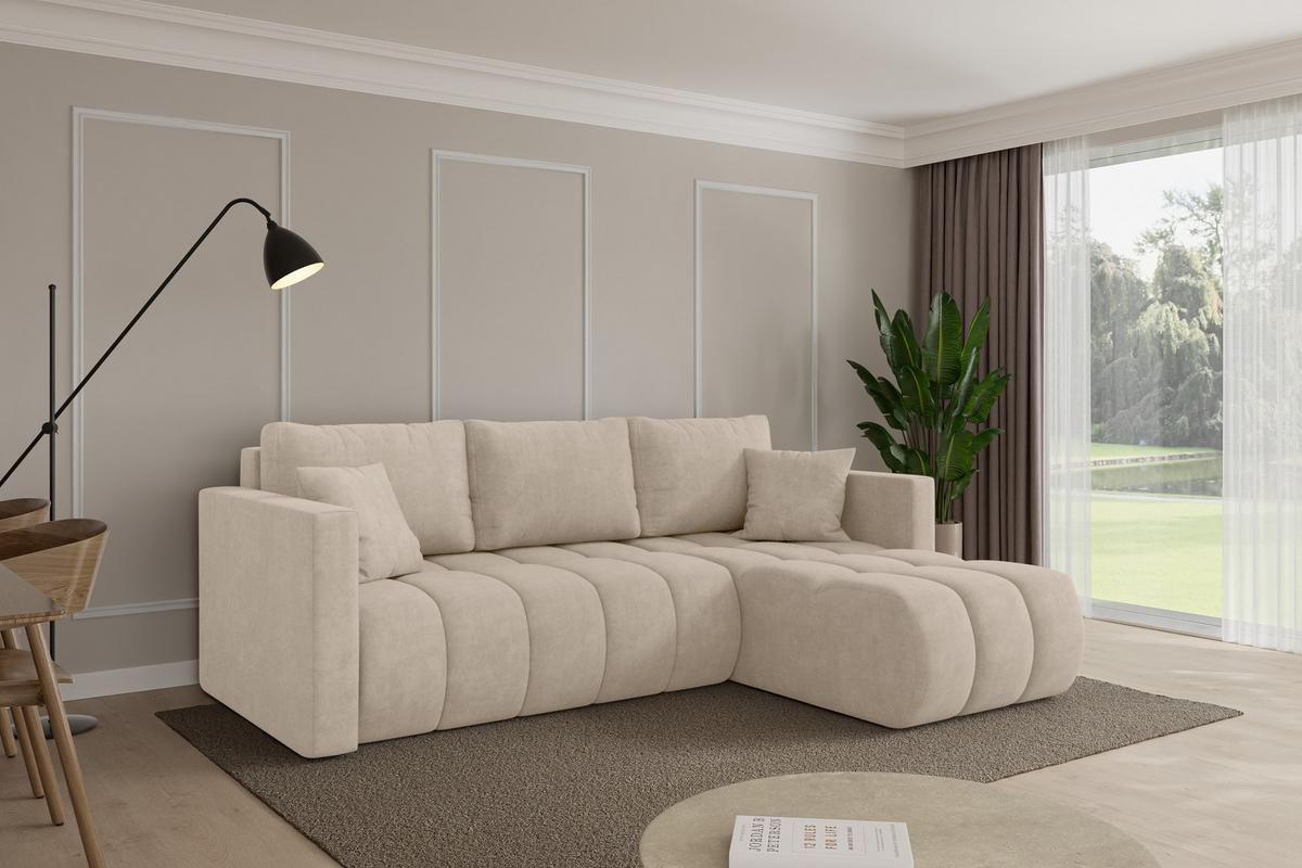 ECKSOFA mit Schlaffunktion Ottomane Rechts GARD-L 226x146x85 Beige Velours - Schwarz/Sahara, Holzwerkstoff/Kunststoff (226/146cm) - ALTDECOR