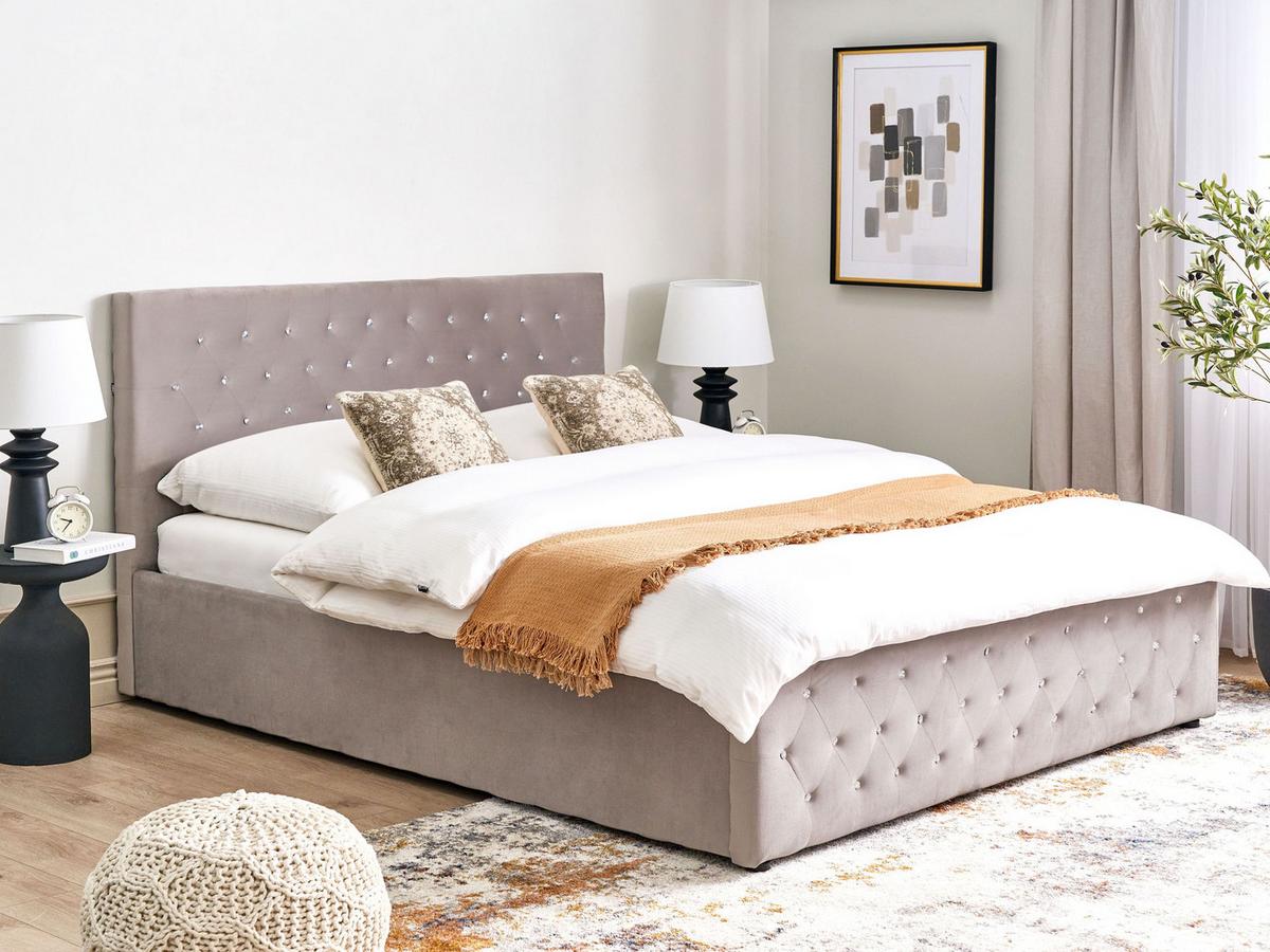 BETT mit Stauraum 180/200 cm Samtstoff Taupe Amiens - Taupe, Textil (180/200cm) - Beliani