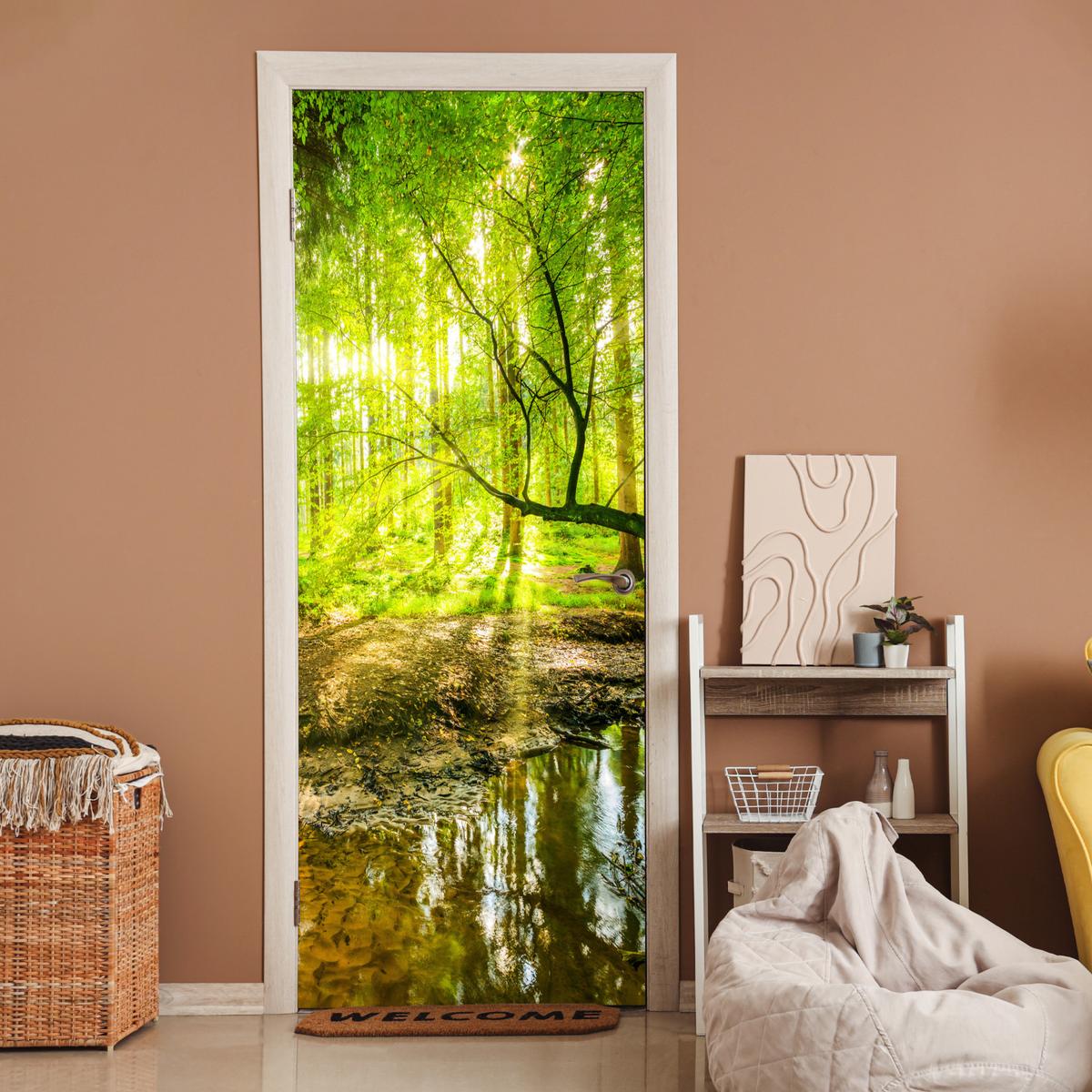 TÜRAUFKLEBER Wald - Landschaft - Wasser - Bäume - Sonne - Grün - Natur 90x235 cm - Türtapete - Hellgrün, Kunststoff (90/0.1cm) - MuchoWow