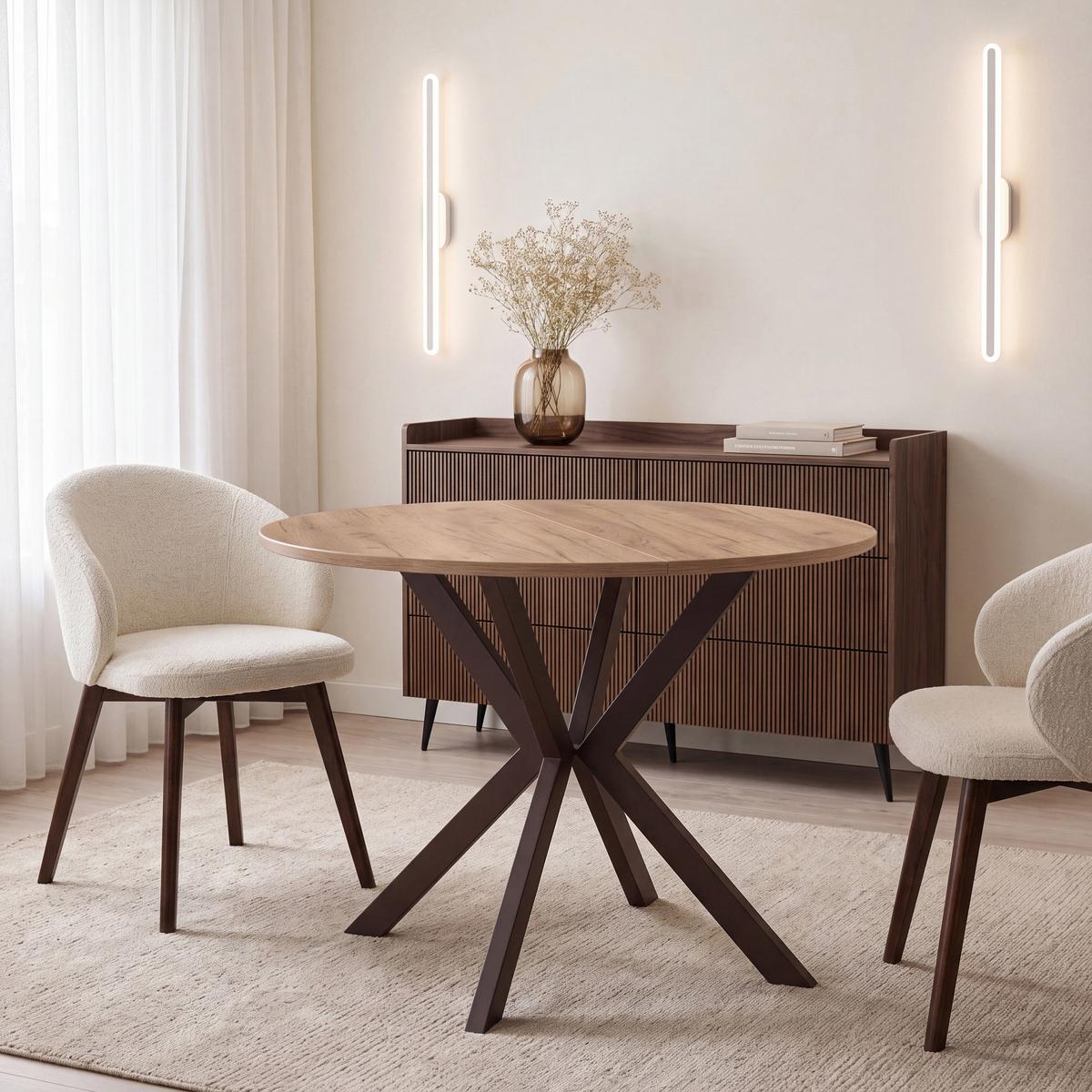 ESSTISCH Valio rund oval ausziehbar verlängerbar mit braunen Metallbeinen, Eiche Braun 100-140/100/76 cm - Eiche Wotan/Braun, Holzwerkstoff/Metall (100/140/76cm) - WFL GROUP