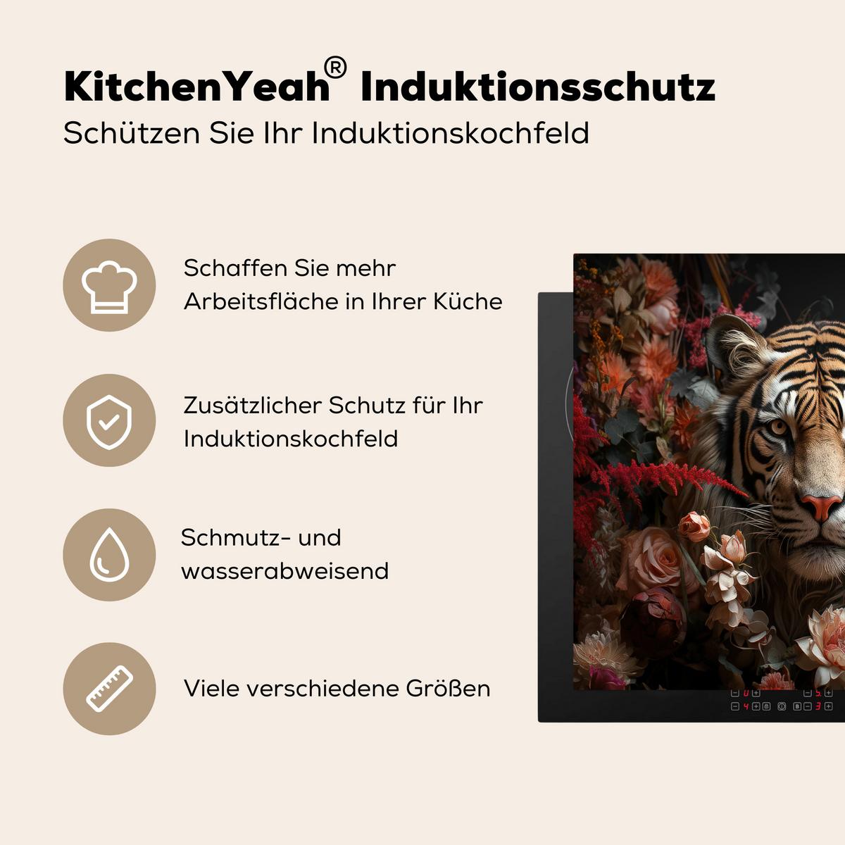 HERDABDECKPLATTE Tiger - Tier - Natur - Floral - Botanisch Herdabdeckung Induktionsfeld 60x52 cm - Orange, Kunststoff (60/52/0.2cm) - MuchoWow
