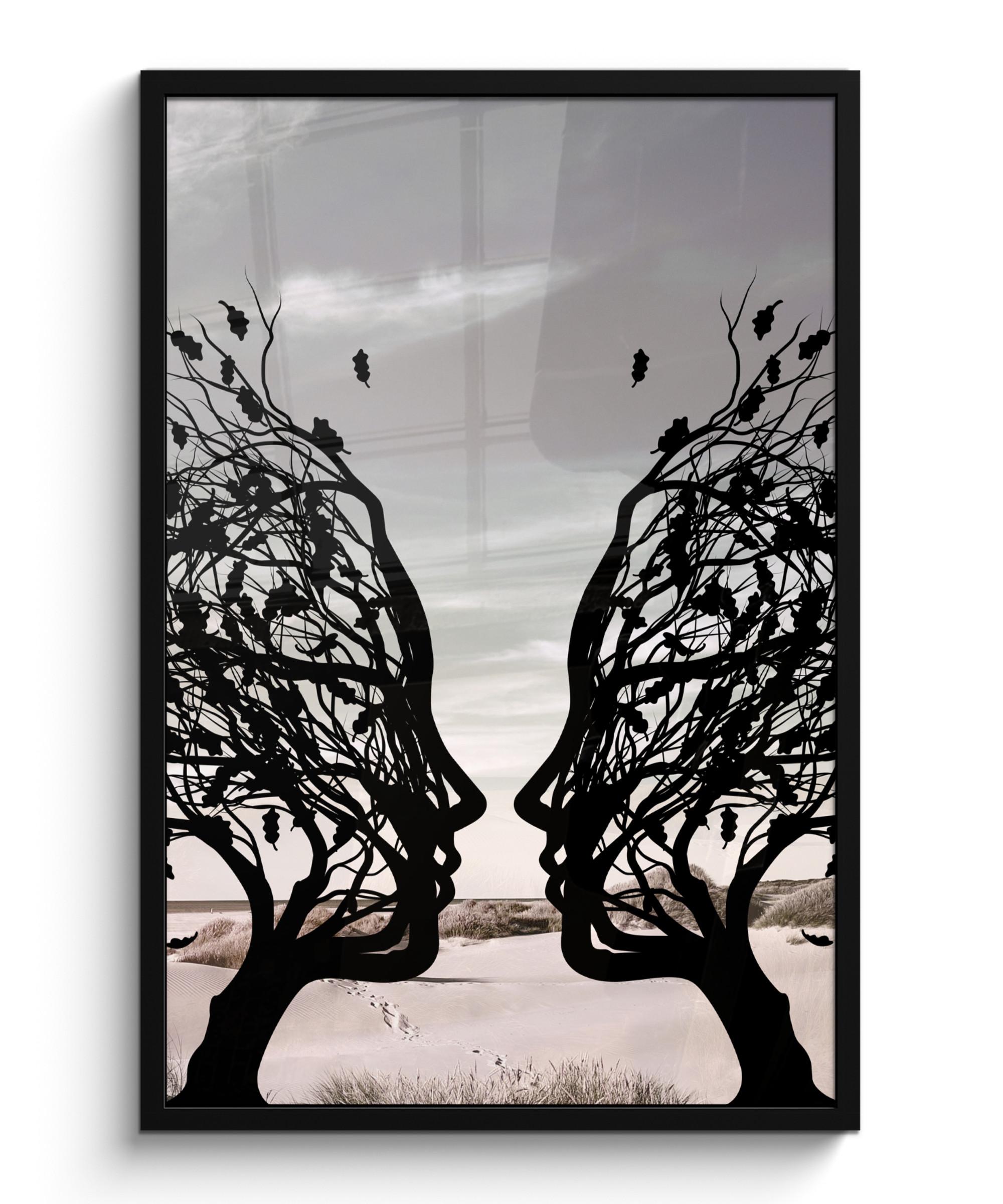 POSTER MIT RAHMEN Strand - Meer - Menschen - Baum - Moderne Kunst 60x90 cm - Hellgrau, Papier (60/90cm) - MuchoWow