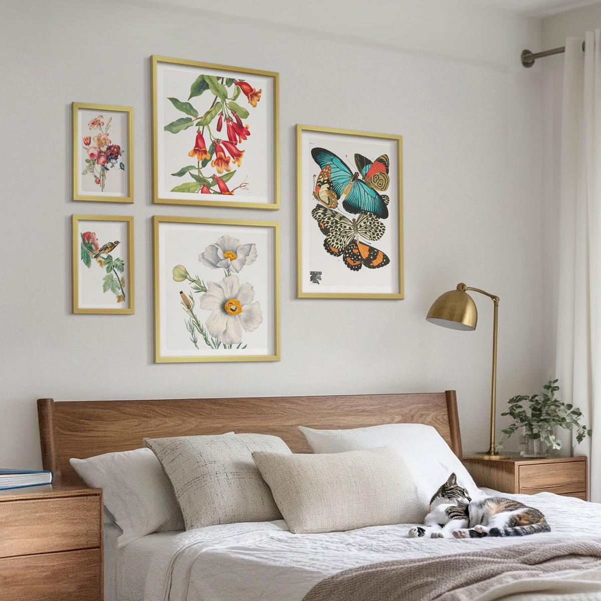 BILDER SET 5er Set - 50x50 cm & 20x30 cm & 40x60 cm Goldrahmen - Blumen, Schmetterlinge, Vögel, Pastellfarben - Goldfarben, Kunststoff (40/60cm) - TULUP