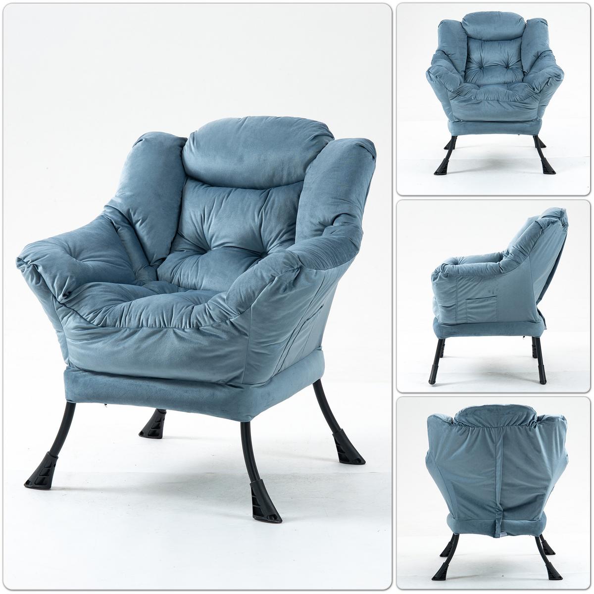 SESSEL aus samt und metall, mit kopfstütze und seitentasche - Hellblau, Metall (75/85/80cm) - Urban Meuble