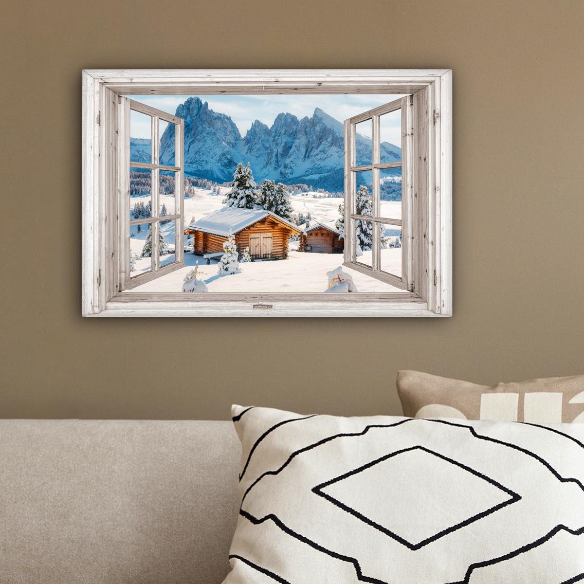 LEINWANDBILD Winterlandschaft - Hütte - Berge - Ausblicke - Aussicht - Natur Deko Schlafzimmer 30x20 cm - Weiß Hochglanz, Textil (30/20cm) - MuchoWow