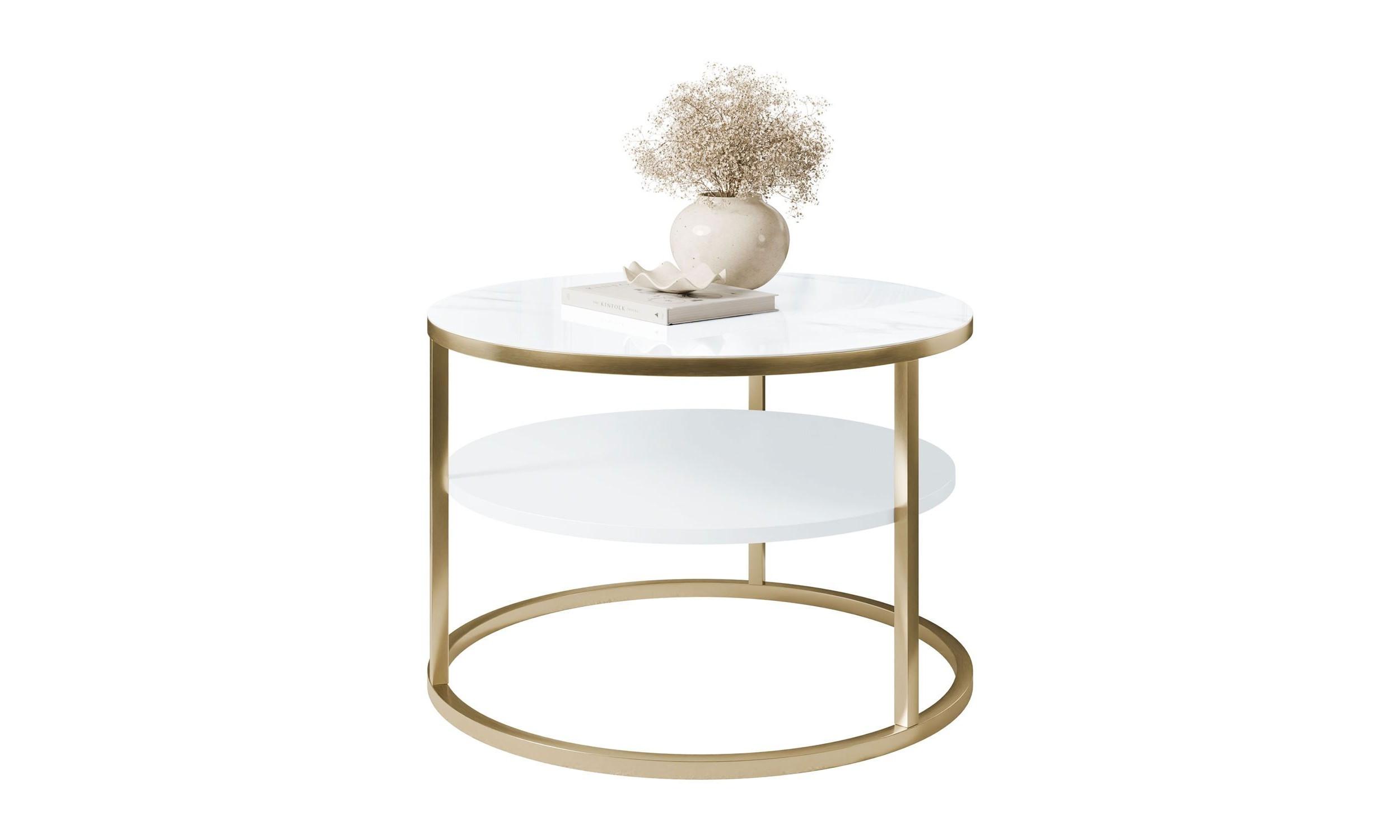 COUCHTISCH CIRI SLIM QUARZKOMPOSIT Ø60/40 cm gebürstetes Gold / Marmor - Goldfarben/Weiß, Holzwerkstoff/Stein (60/60/40cm) - Lookway