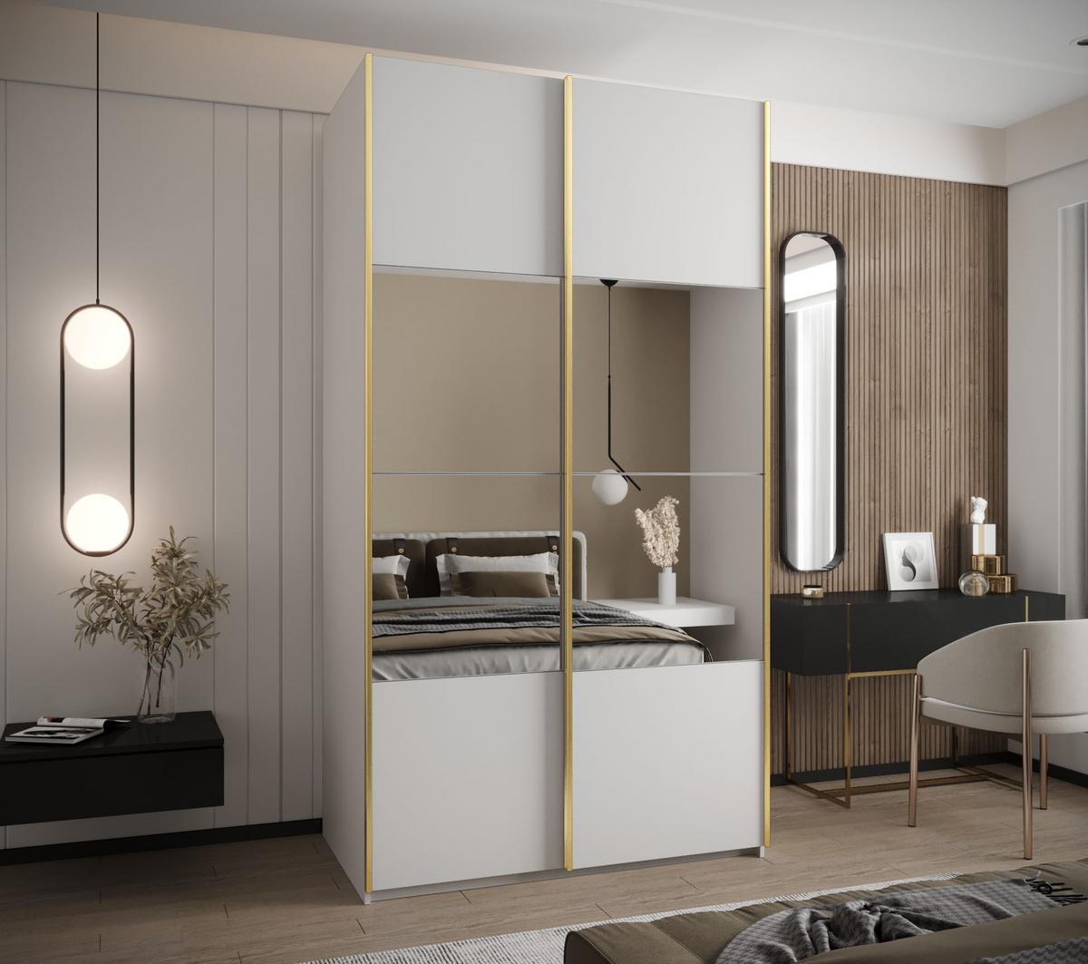 SCHWEBETÜRENSCHRANK 245,5/130/64 2-türig - Goldfarben/Weiß, Holz/Metall (130/245/64cm) - Abiks Möbel