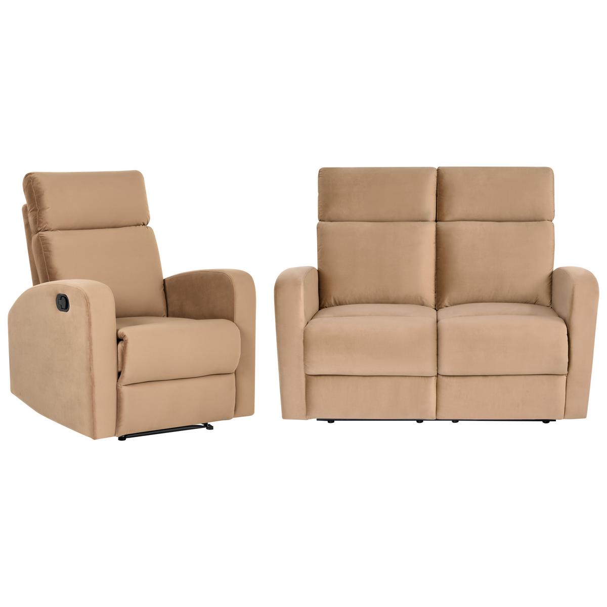 SOFA-SET manuell verstellbar 3-Sitzer Samtstoff Hellbraun Verdal - Hellbraun/Braun, Textil (133/100/73cm) - Beliani