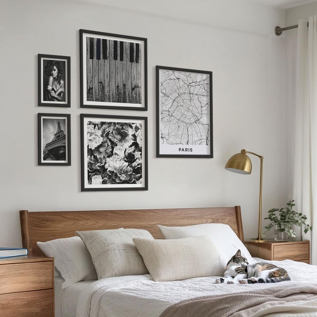 BILDER SET 5er Set - 50x50 cm & 20x30 cm & 40x60 cm Schwarzer Rahmen - Porträt einer Frau mit einer Eiffel-Rose - Schwarz, Kunststoff (40/60cm) - TULUP