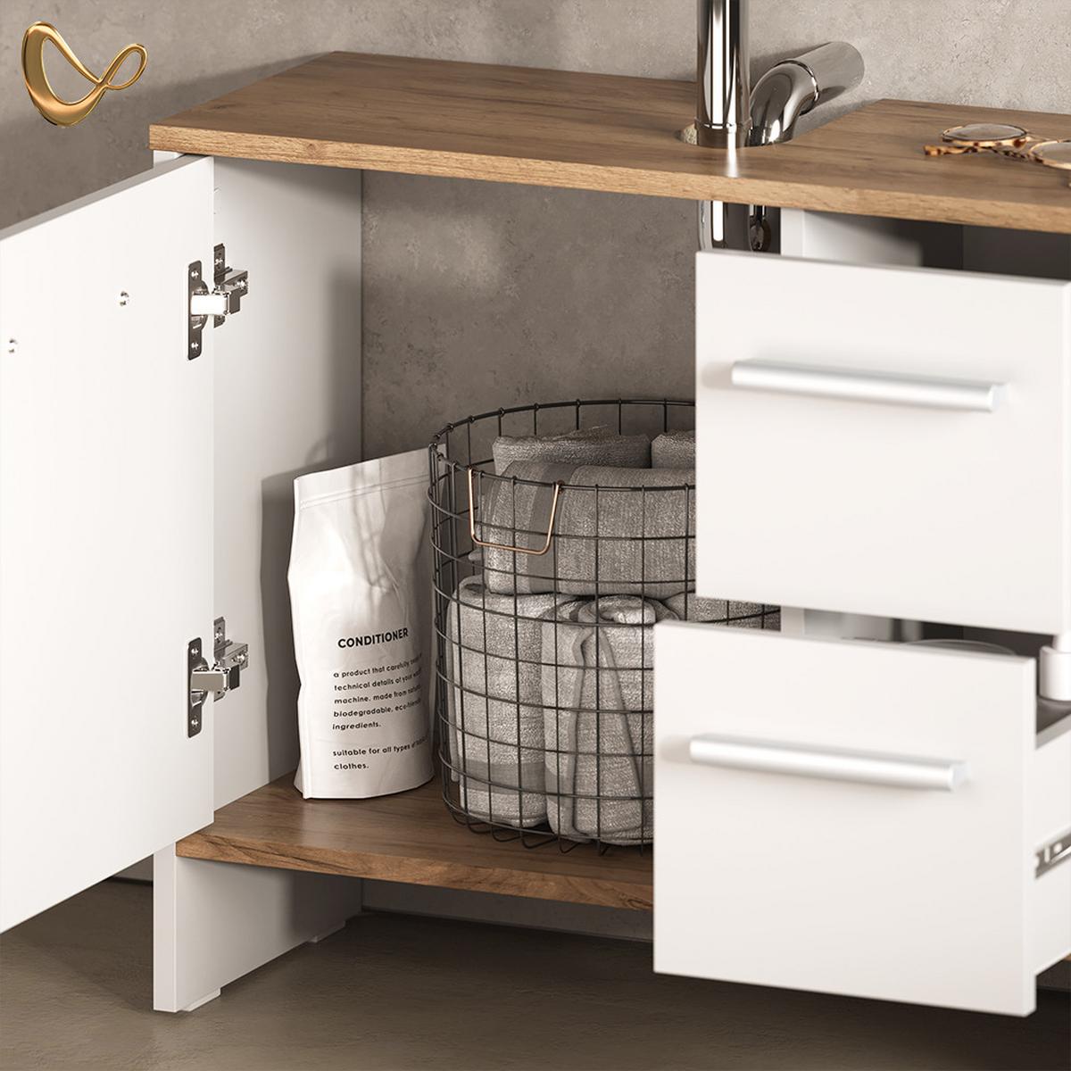 WASCHBECKENUNTERSCHRANK Amalfi Weiß/Goldkraft Eiche 70.2 x 57 cm mit 2 Schubladen und 1 Tür - Honigeiche/Weiß, Holzwerkstoff (70.2/57/27.9cm) - Livinity®