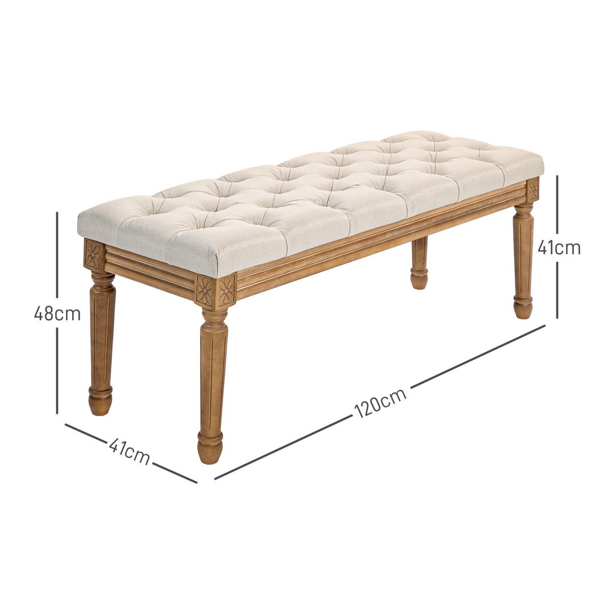SITZBANK, Polsterbank mit Leinenoptik, Holzbeine für Schlafzimmer, Creme - Eukalyptusholzfarben/Creme, Holz/Kunststoff (41/48/120cm) - HOMCOM