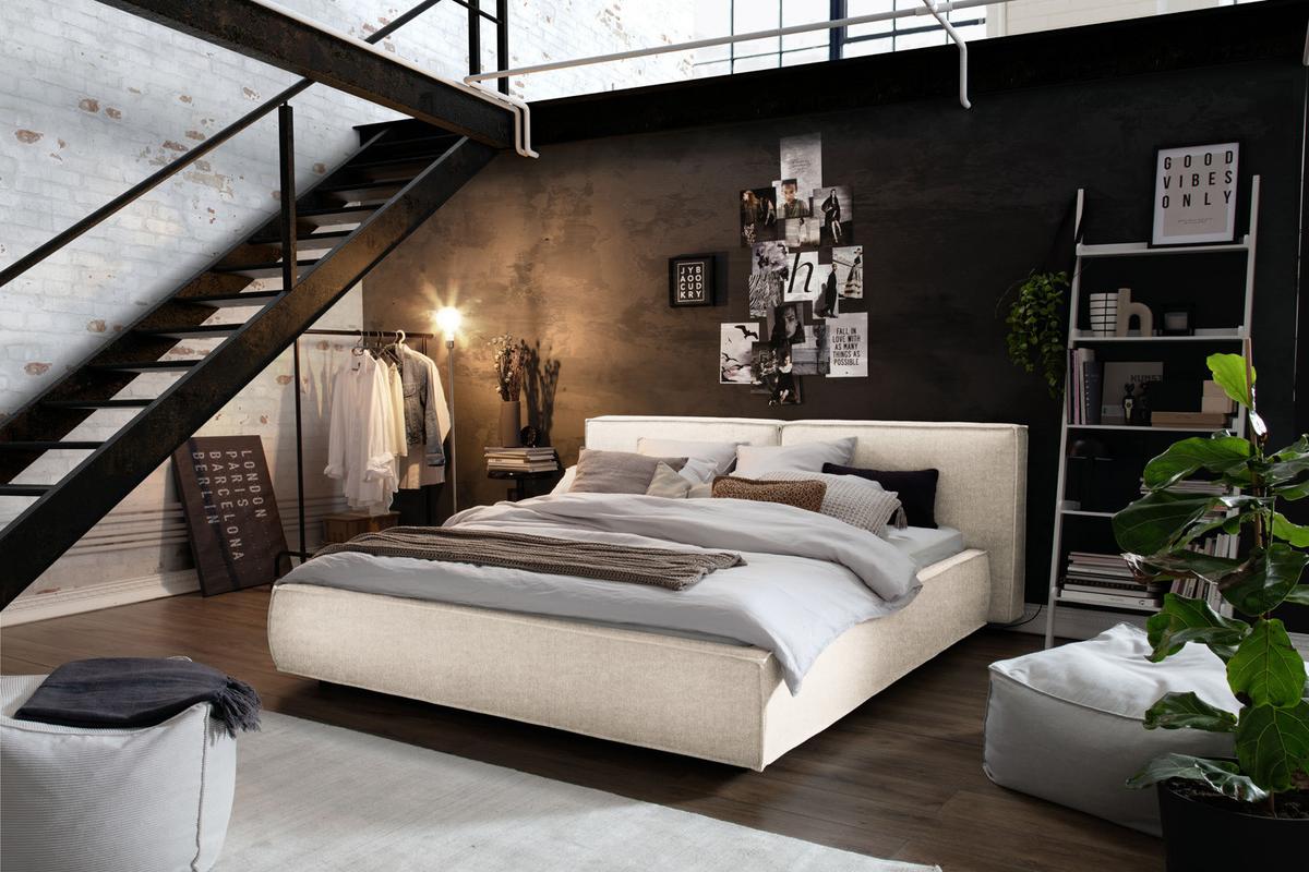 POLSTERBETT CARLO Cremeweiß Flachgewebe - Creme, Textil (180/200cm) - KAWOLA