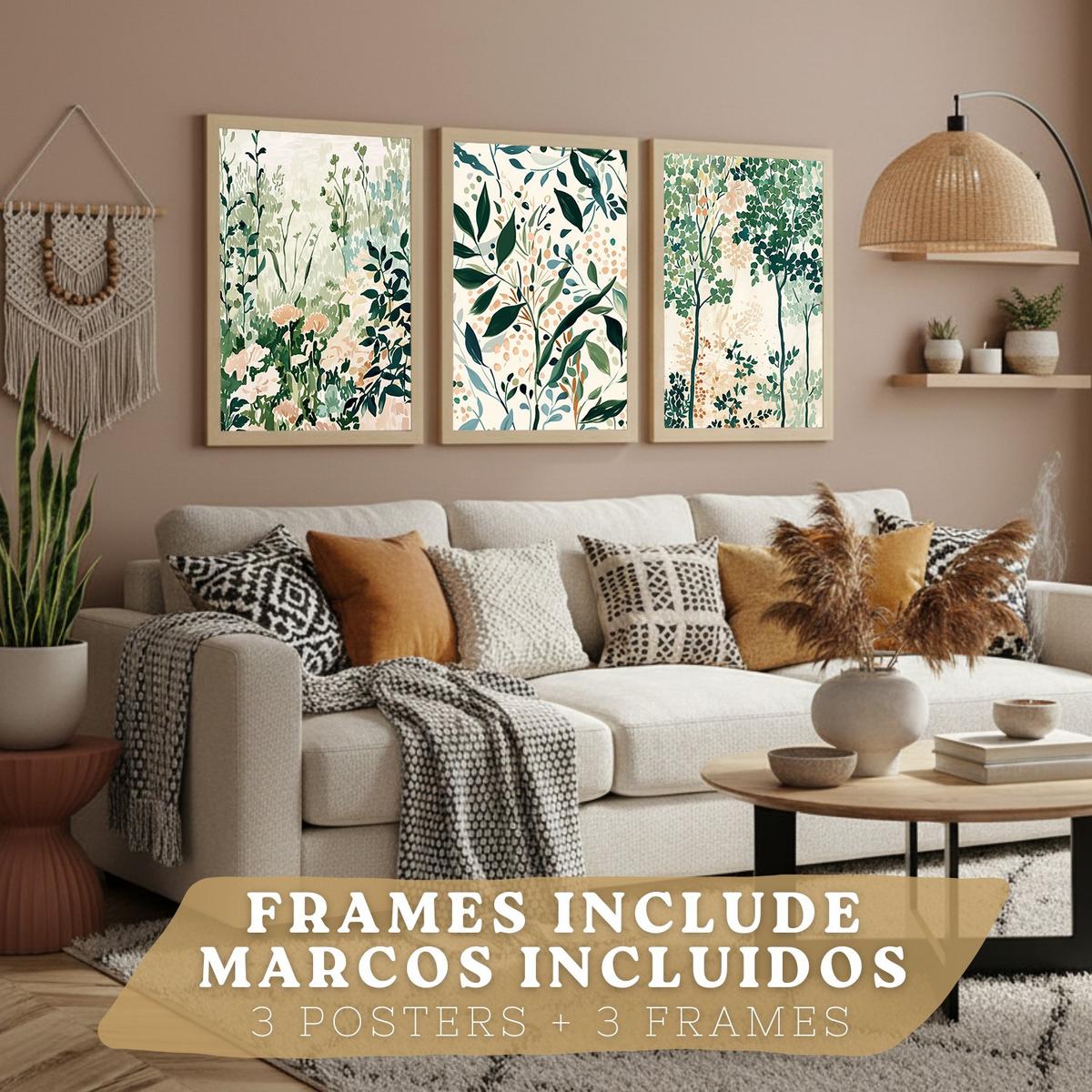 POSTER 3er-Set Wandbilder Floral Landschaft modern Wohnzimmer Deko, Schlafzimmer, Küche, Badezimmer Leichter Holzrahmen A4 - Beige, Papier (29.7/1/21cm) - Nacnic