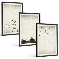 BILDER SET 3er Set - 40x60 cm Schwarzer Rahmen - Vögel im Flug, minimalistischer Stil - Schwarz, Kunststoff (40/60cm) - TULUP