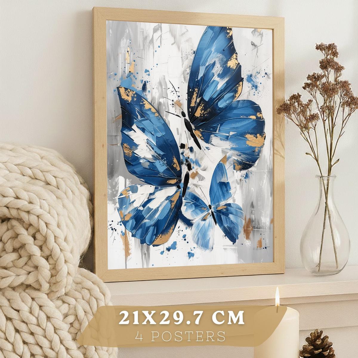 POSTER 4er Kunstdruck-Set Wandbilder Blumen Blau Schmetterlinge modern Wohnzimmer Deko, Schlafzimmer, Küche, Badezimmer Rahmenlos A3 - Klar, Papier (29.7/1/42cm) - Nacnic