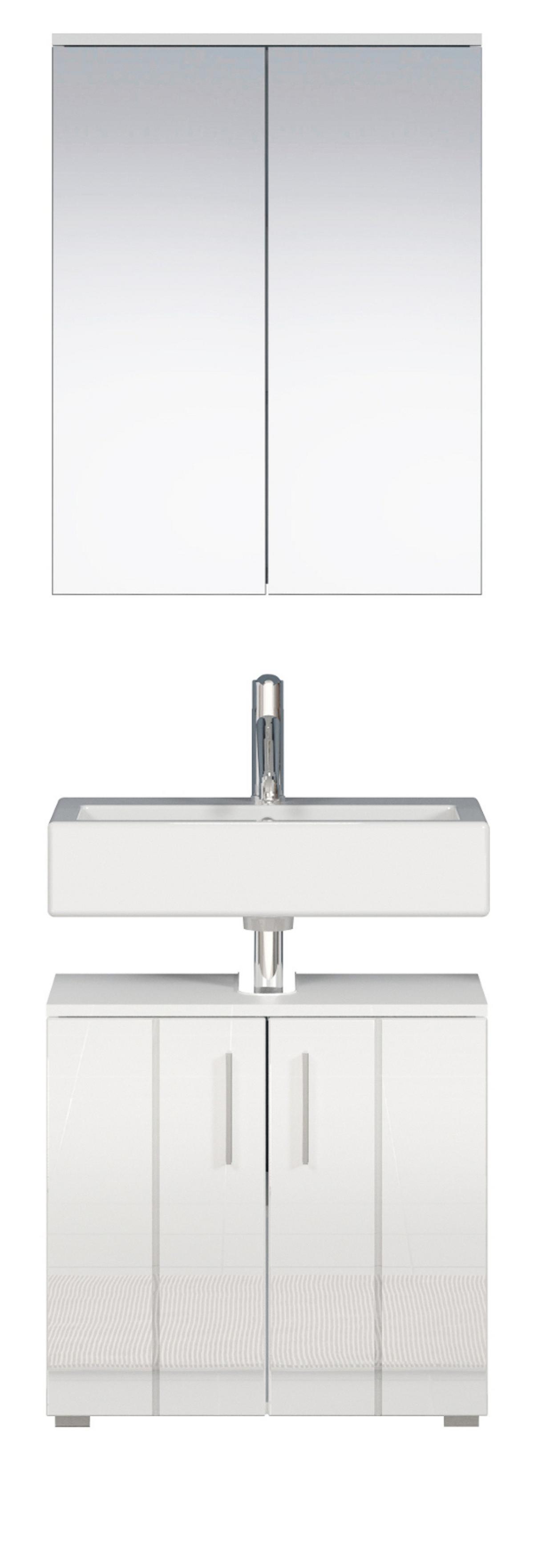 BADMÖBEL-SET weiß Hochglanz 112 x 192 cm 2-teilig, Badezimmer Schränke in modernem Design - Weiß Hochglanz/Silberfarben, Holzwerkstoff/Kunststoff (60/192/32cm) - Top.Furn