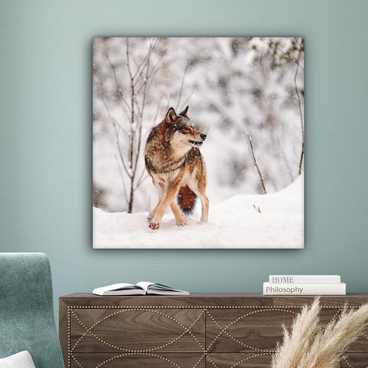 LEINWANDBILD Wolf - Winter - Schnee - Natur - Tiere Deko Groß 90x90 cm - Haselnussfarben, Textil (90/90cm) - MuchoWow
