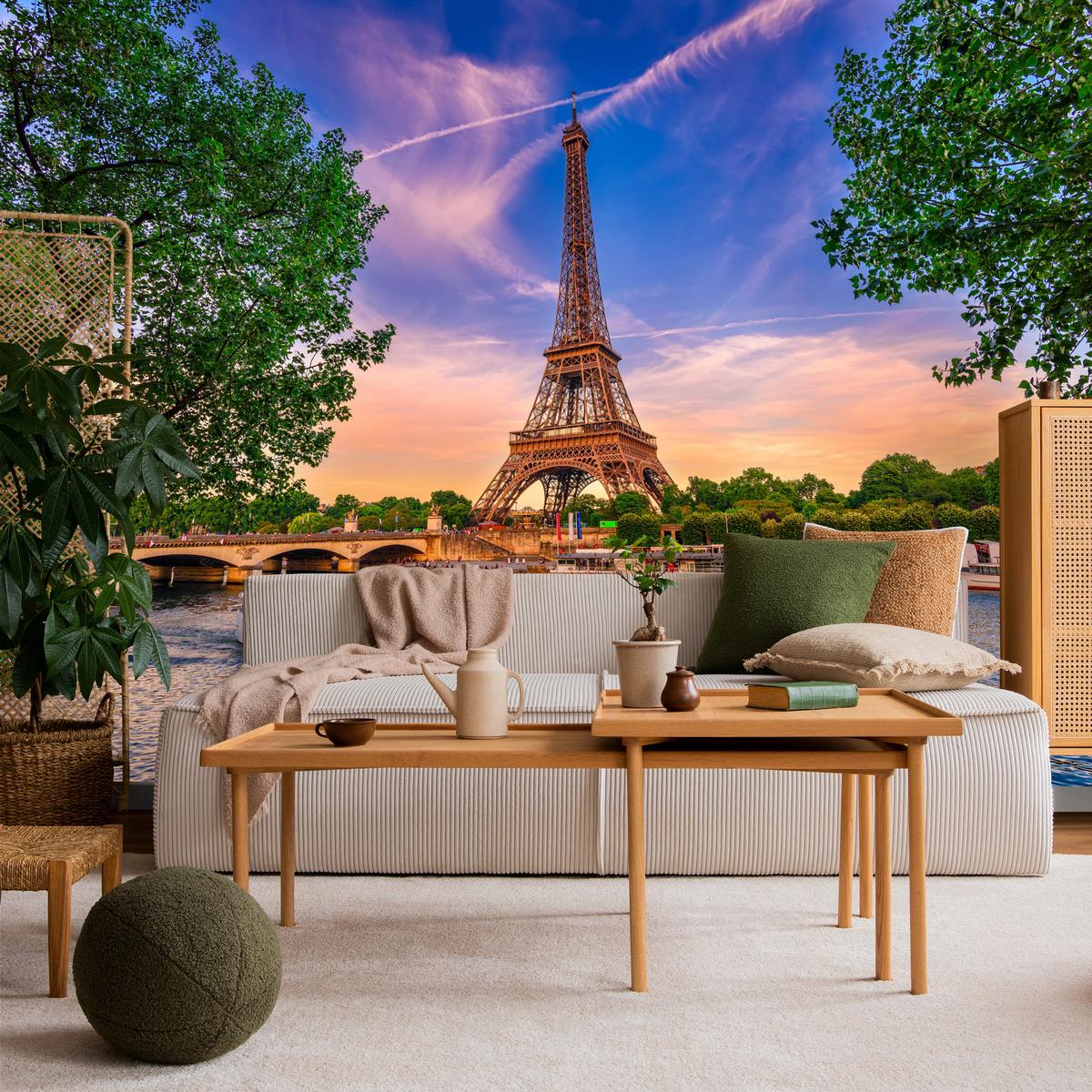FOTOTAPETE Eiffelturm Paris Architektur 3D 450x315 - Blau/Gelb, Papier (450/315cm) - Muralo