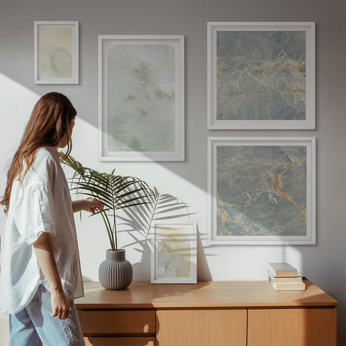 BILDER SET 5er Set - 50x50 cm & 20x30 cm & 40x60 cm Weißer Rahmen - Pastellfarben auf Aquarellleinwand - Weiß, Kunststoff (40/60cm) - TULUP