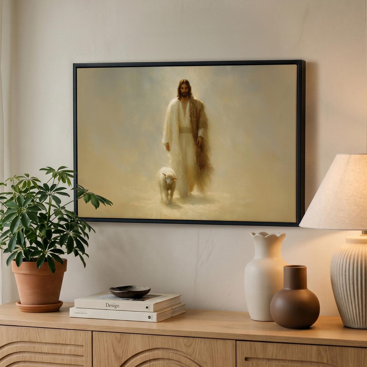 LEINWAND Bilder mit Rahmen - Schaf - Jesus - Pinselstriche - Abstrakt - 60x40 - Beige, Textil (60/40cm) - MuchoWow