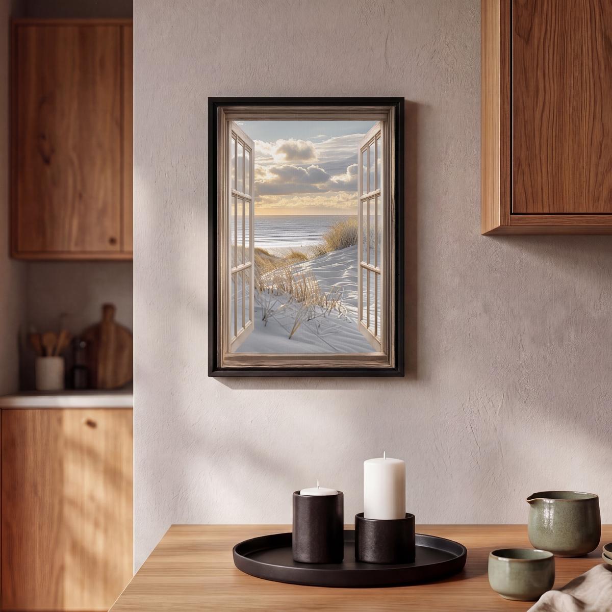 LEINWAND Bilder mit Rahmen - Ausblick - Strand - Dünen - Meer - Natur - 20x30 - Sandfarben, Textil (20/30cm) - MuchoWow
