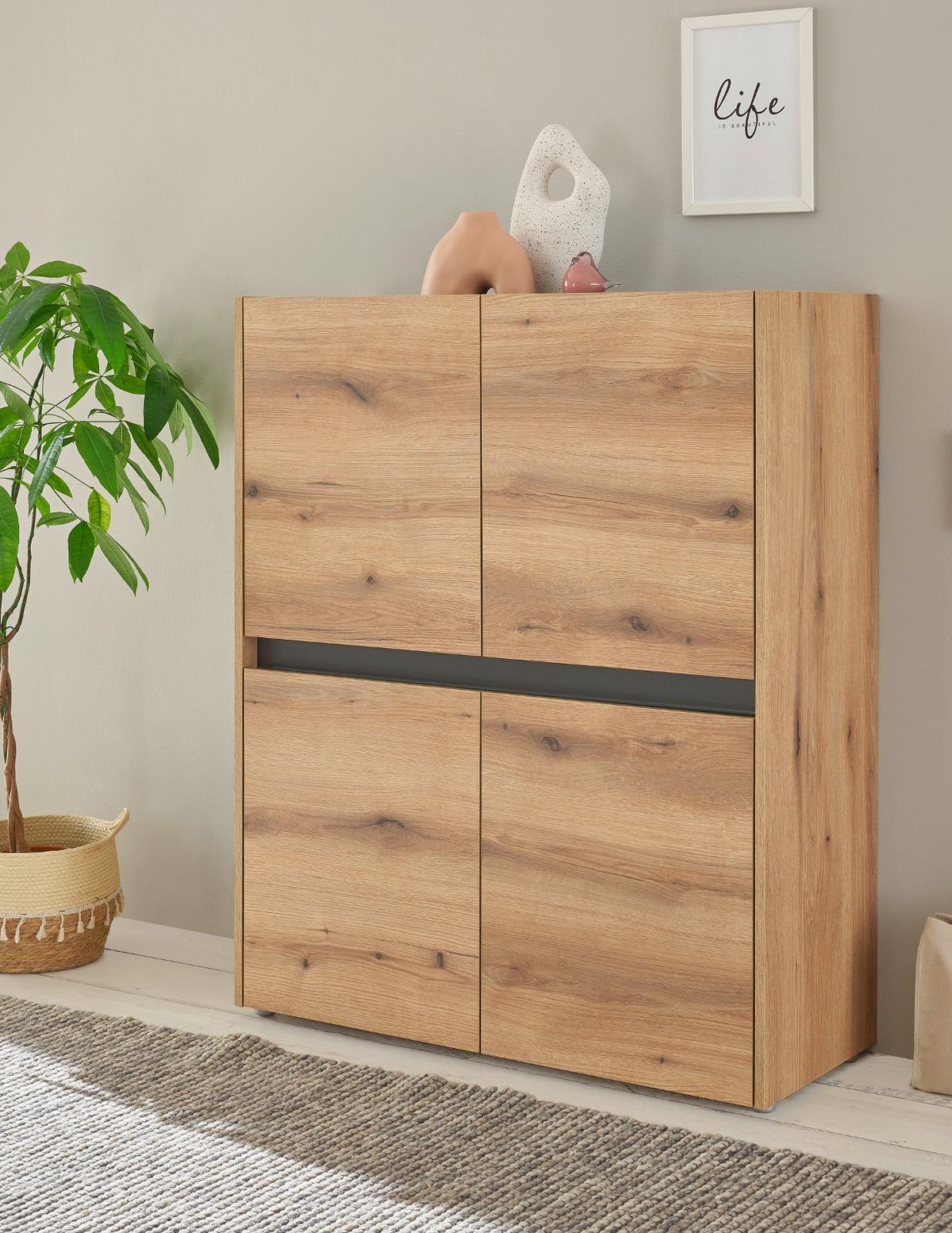 HIGHBOARD Evoke Eiche, Grau, 100 x 120 cm, Kommode 4-türig 8 Fächer - Eichefarben/Schwarz, Holzwerkstoff/Kunststoff (100/120/40cm) - Furn.Design