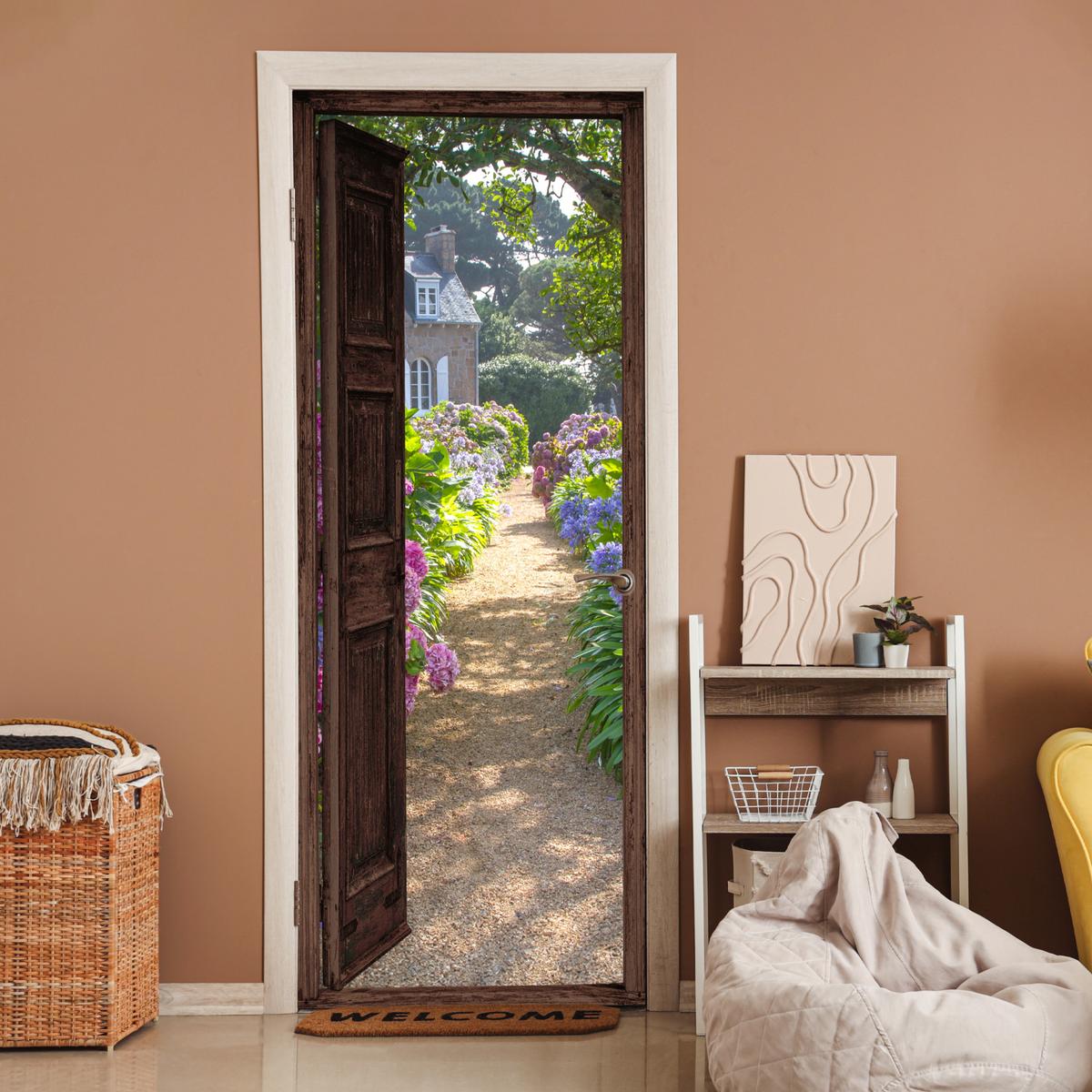 TÜRAUFKLEBER Ansicht - Hortensie - Tür - Blumen - Natur 90x235 cm - Türtapete - Beige, Kunststoff (90/0.1cm) - MuchoWow