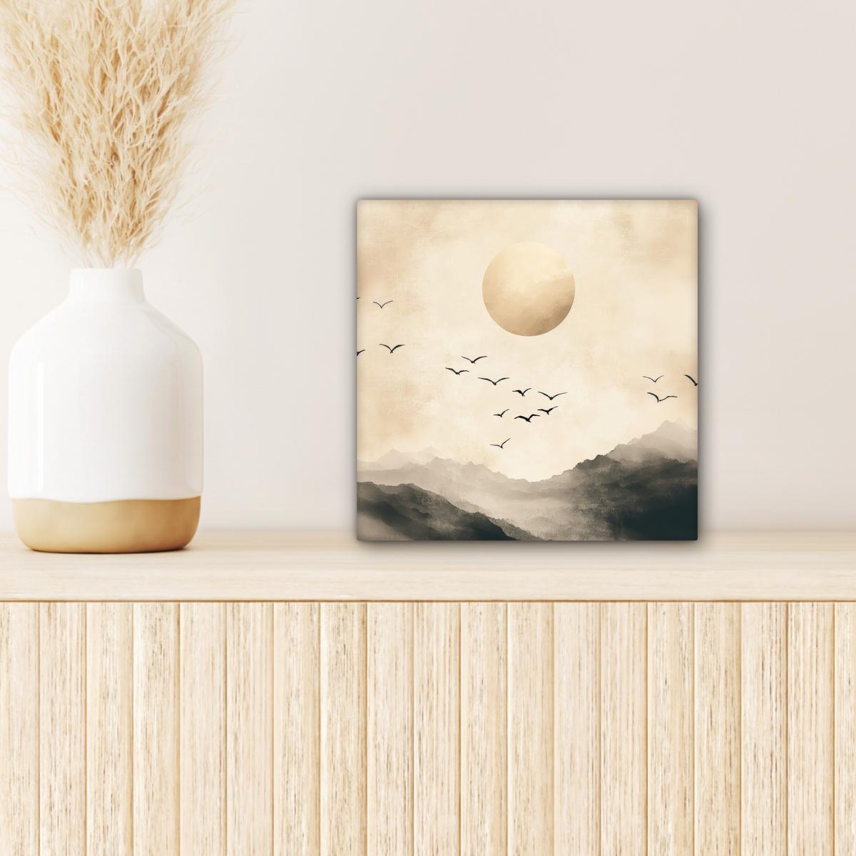 LEINWANDBILD Landschaft - Japandi - Vogel Deko Wohnzimmer 20x20 cm - Beige, Textil (20/20cm) - MuchoWow