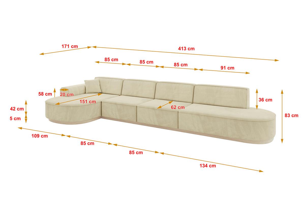 ECKSOFA Ottomane Links MARI-L3-v1 - 413x171x83 cm Beige Velours - Beige, Holzwerkstoff/Textil (413/171cm) - ALTDECOR