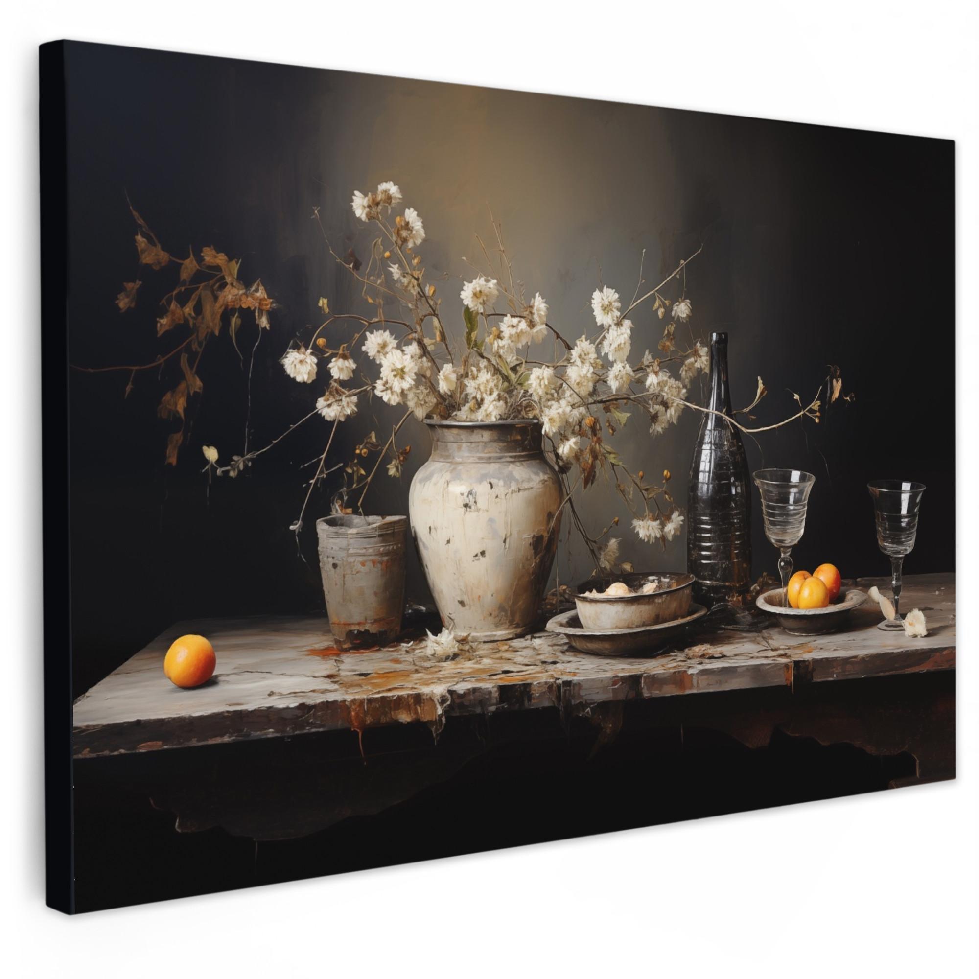 LEINWANDBILD Stilleben - Blumen - Blumenstrauß - Vase - Wein Wohnzimmer Groß 120x80 cm - Schwarz, Textil (120/80cm) - MuchoWow