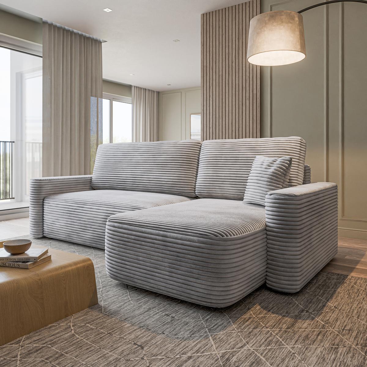 ECKSOFA NERI T Hellgrau Kordstoff mit Schlaffunktion - Hellgrau, Holzwerkstoff/Textil (280/157cm) - MASSENO