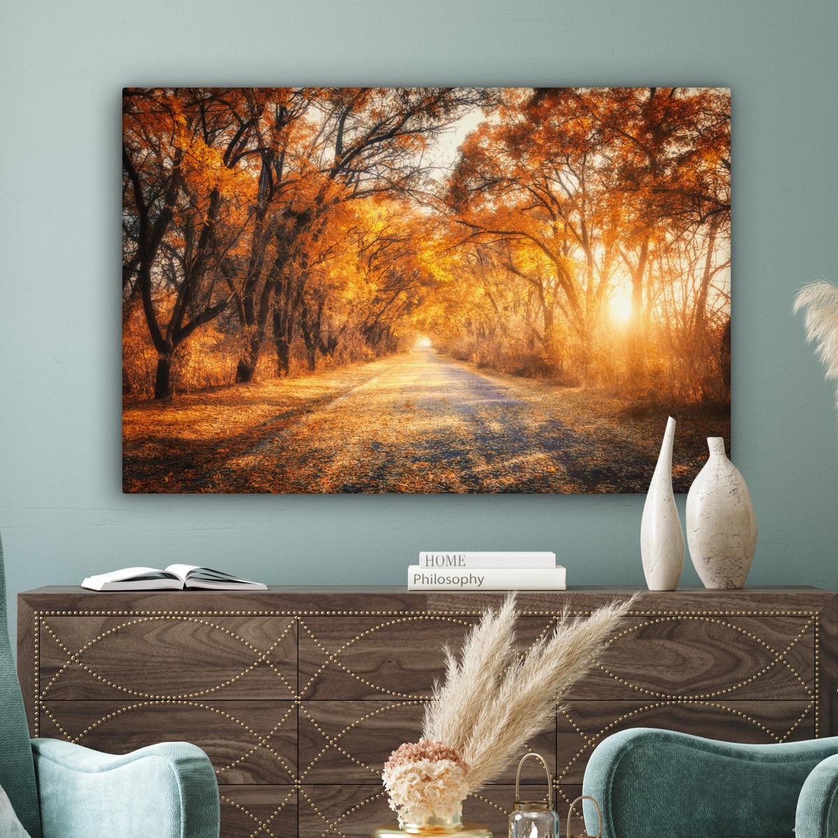 LEINWANDBILD Wald - Herbst - Bäume - Waldweg - Natur XXL 150x100 cm - Bernsteinfarben, Textil (150/100cm) - MuchoWow