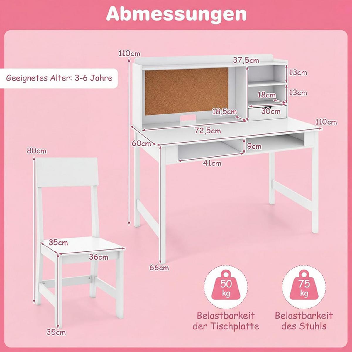 KINDERSCHREIBTISCH-SET aus Holz weiß(2-tlg) - Weiß, Holzwerkstoff (110/110/60cm) - COSTWAY