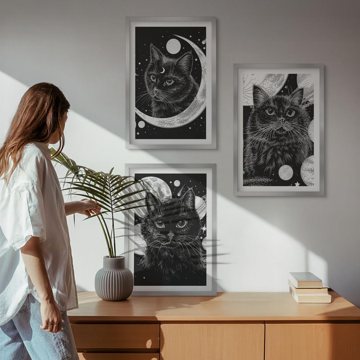 BILDER SET 3er Set - 40x60 cm Silberner Rahmen - Schwarze Katzen, Mond, Weltraum - Silberfarben, Kunststoff (40/60cm) - TULUP