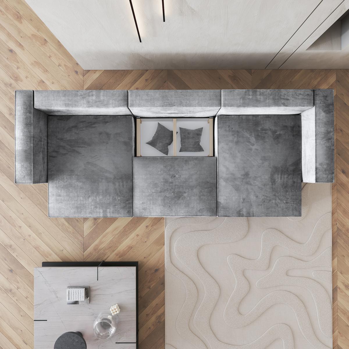 WOHNLANDSCHAFT SARMO M Hellgrau Velours-Stoff mit Schlaffunktion - Hellgrau/Grau, Holz/Kunststoff (347/70/148cm) - MASSENO
