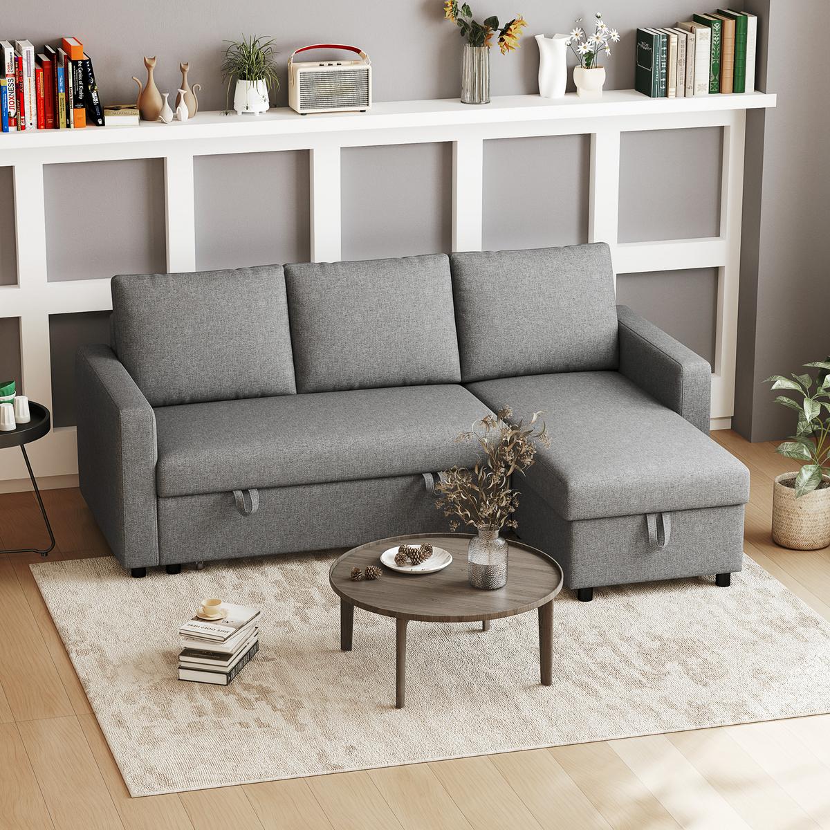 ECKSOFA mit Schlaffunktion Stauraum Eckcouch mit Chaiselongue Schlafsofa L-Form - Hellgrau/Schwarz, Kunststoff/Textil (146/211.5cm) - HOMCOM