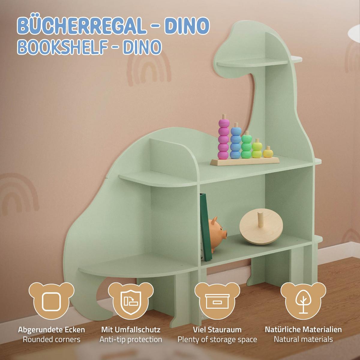KINDERREGAL Dino 110x31x110 cm aus Holz Grün - Naturfarben, Holz (110/110/31cm) - Joyz