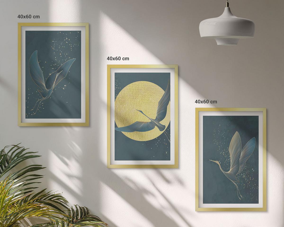 BILDER SET 3er Set - 40x60 cm Goldrahmen - Kraniche im Flug bei Nacht - Goldfarben, Kunststoff (40/60cm) - TULUP