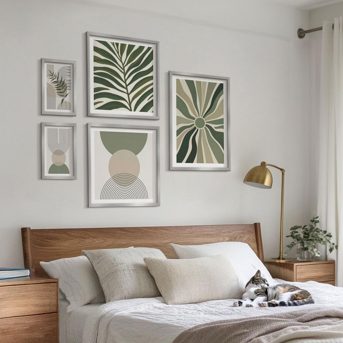 BILDER SET 5er Set - 50x50 cm & 20x30 cm & 40x60 cm Silberner Rahmen - Abstrakte Blätter im Boho-Stil - Silberfarben, Kunststoff (40/60cm) - TULUP
