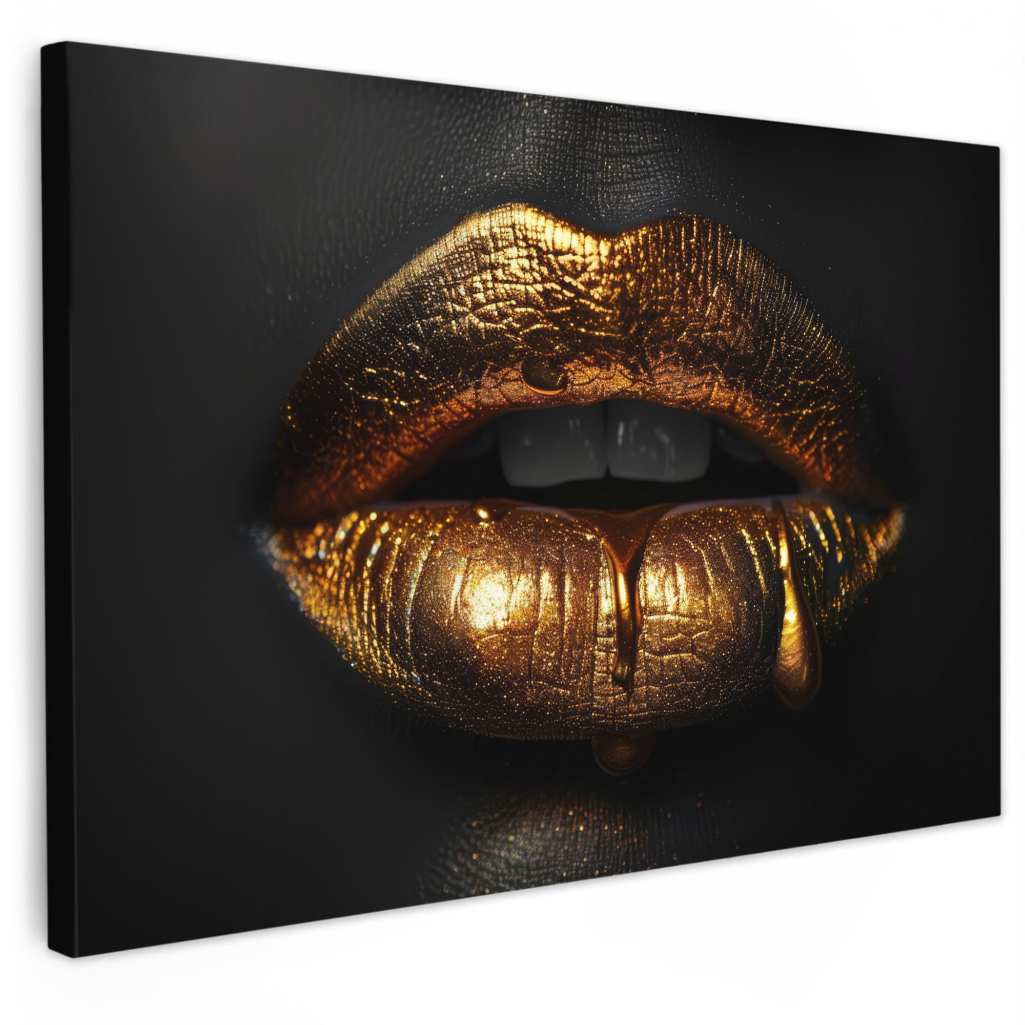LEINWANDBILD Frau - Porträt - Lippen - Gold - Schwarz Gemälde 60x40 cm - Schwarz, Textil (60/40cm) - MuchoWow