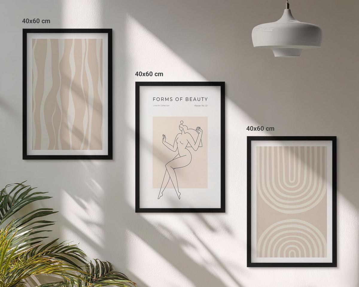 BILDER SET 3er Set - 40x60 cm Schwarzer Rahmen - Abstrakte Boho-Dekorationen - Schwarz, Kunststoff (40/60cm) - TULUP