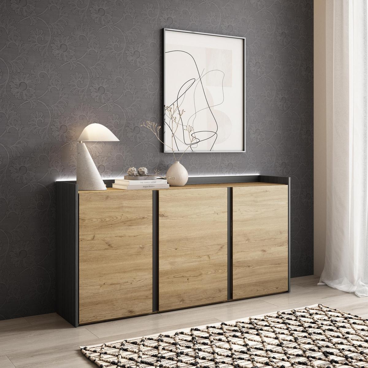 SIDEBOARD, Eiche und Schwarz, 156/35/80cm, mit Led - Eichefarben, Holzwerkstoff (156/80/35cm) - Skraut Home