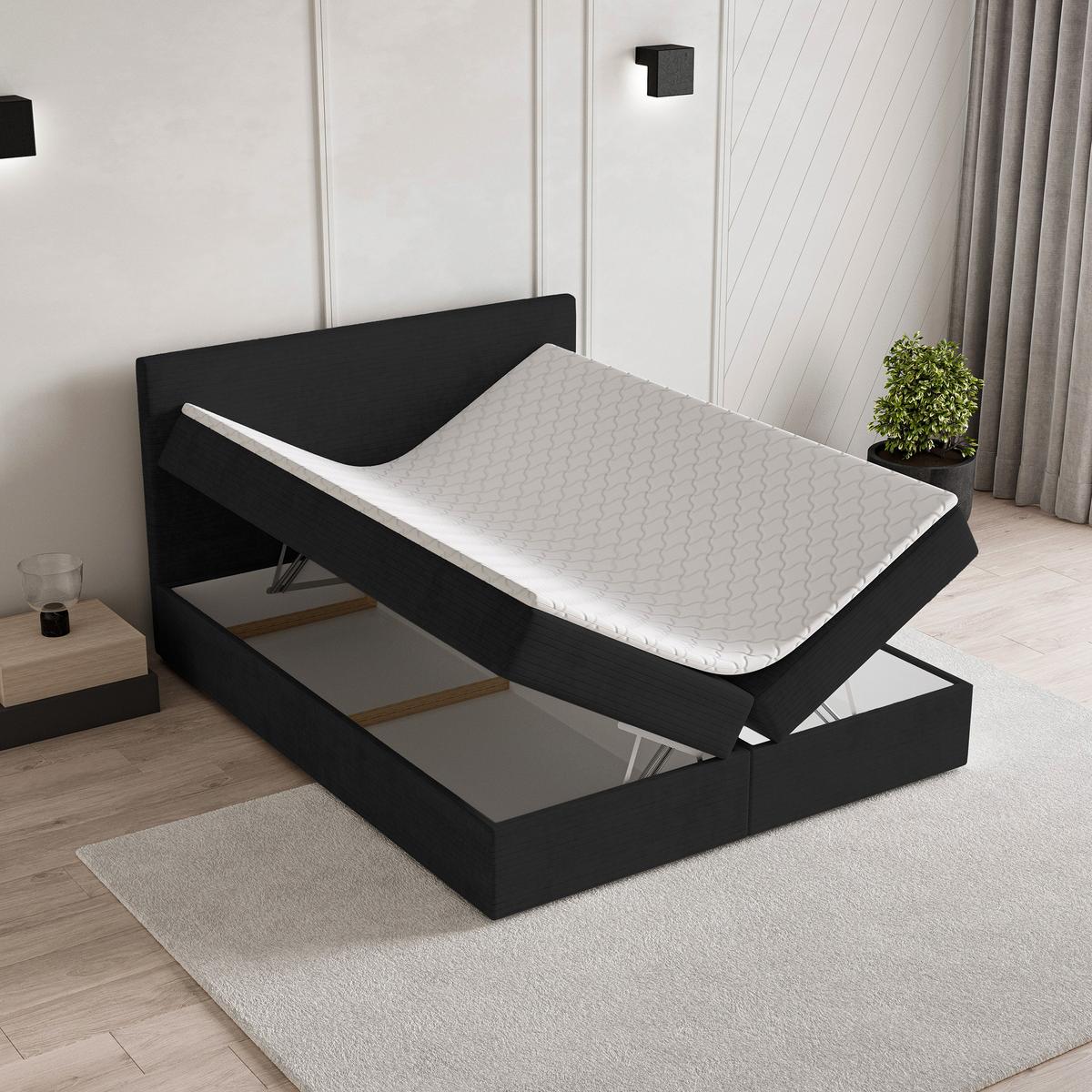BOXBETT NIRA 180x200 cm mit Matratze und Topper - Schwarz - Schwarz, Holz (180/200cm) - MASSENO