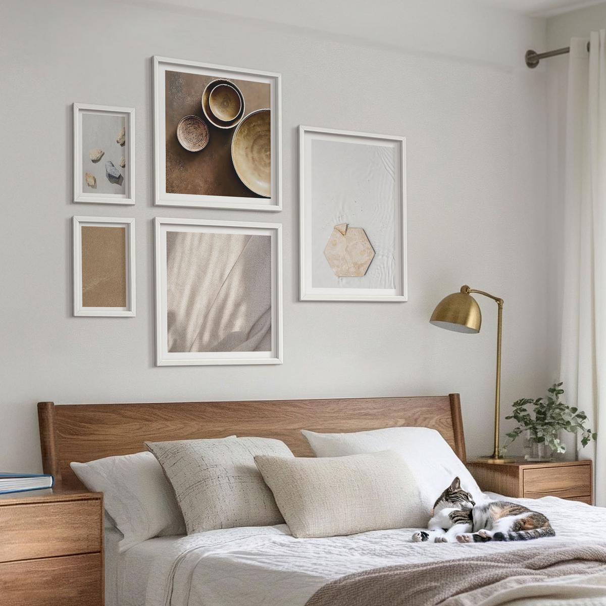 BILDER SET 5er Set - 50x50 cm & 20x30 cm & 40x60 cm Weißer Rahmen - Minimalistische warme Texturen - Weiß, Kunststoff (40/60cm) - TULUP